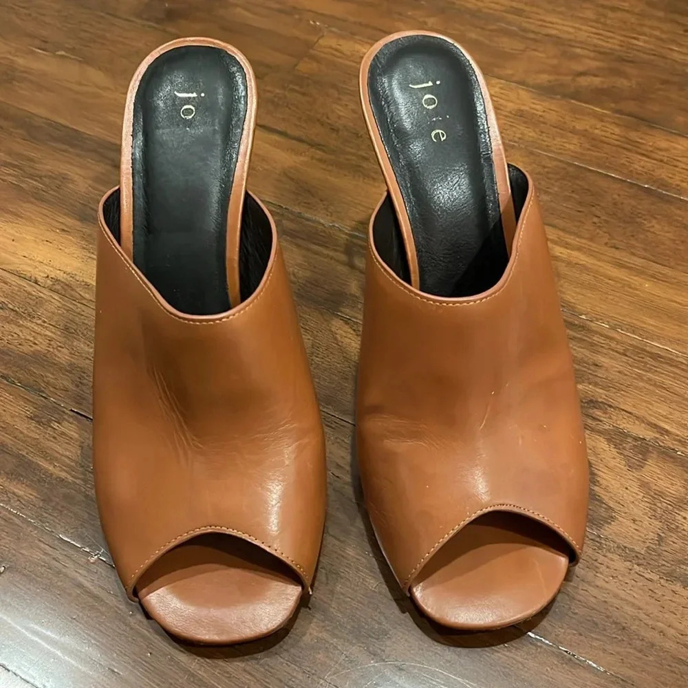 Joie Olya open toed leather mule heel sandal neutral tan size 39.5 size 9 - Picture 2 of 10